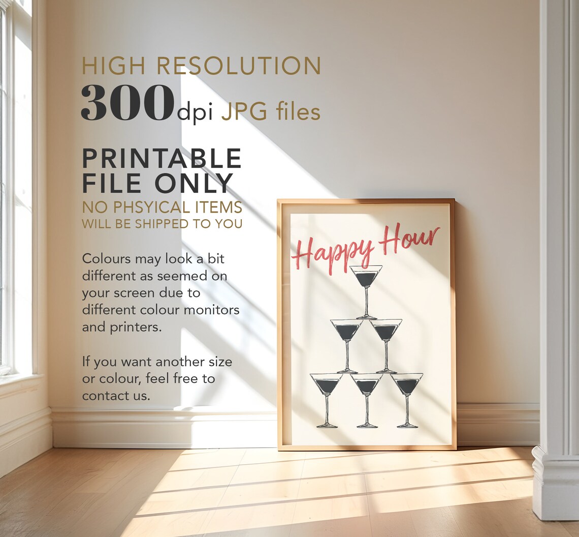 Happy Hour Red Script Martini Glass Pyramid Cocktail Bar Cart Wall Poster - Image 4