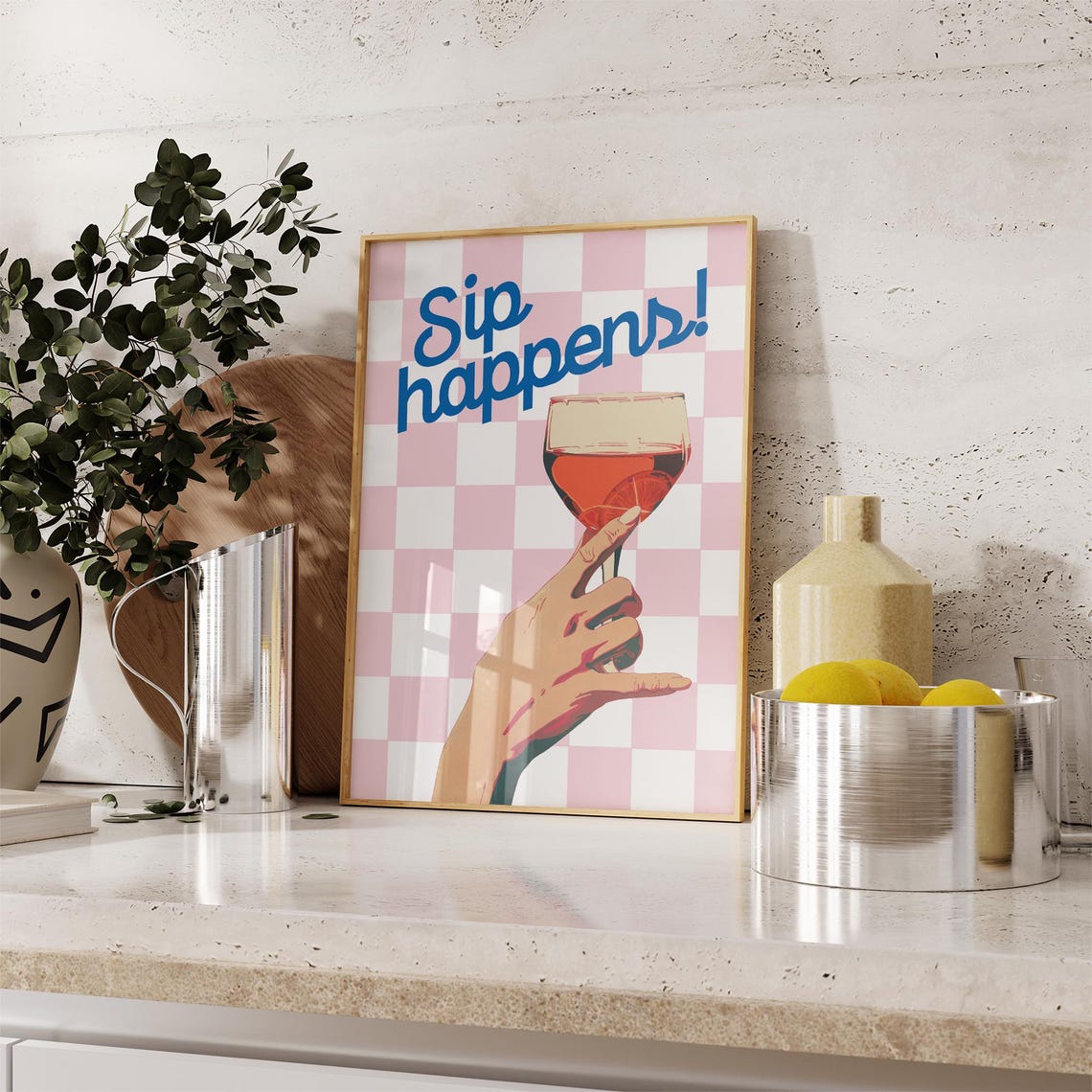 Sip Happens Funny Wine Quote Pink Checkered Retro Bar Poster - Image 3