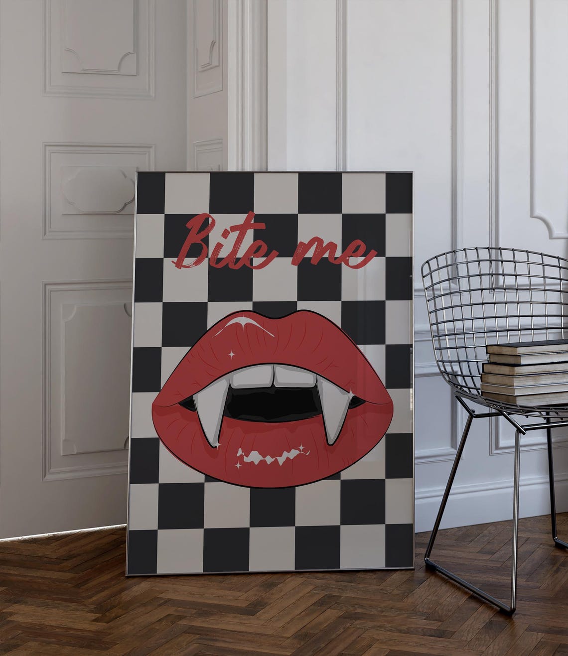 Bite Me Vampire Lips Checkerboard Funky Gothic Halloween Wall Poster - Image 3
