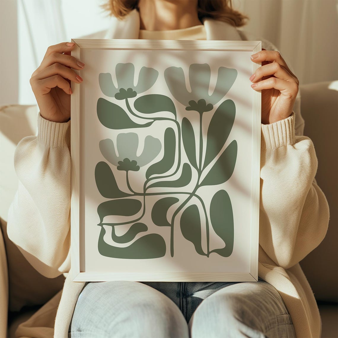 Sage Green Abstract Botanical Flower Organic Shapes Art Print - Image 2