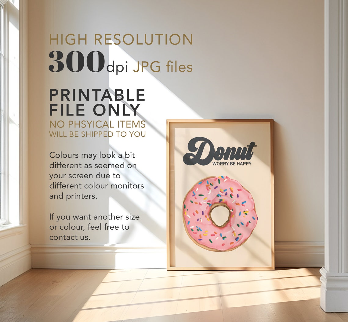 Donut Worry Be Happy Pink Frosted Sprinkle Donut Retro Poster - Image 4