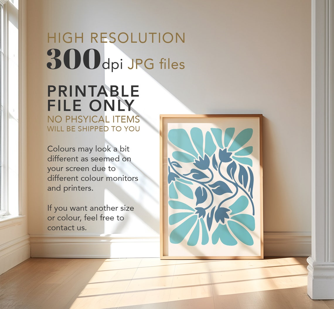 Blue Boho Botanical Flowers Teal Abstract Floral Cream Art Poster - Image 2