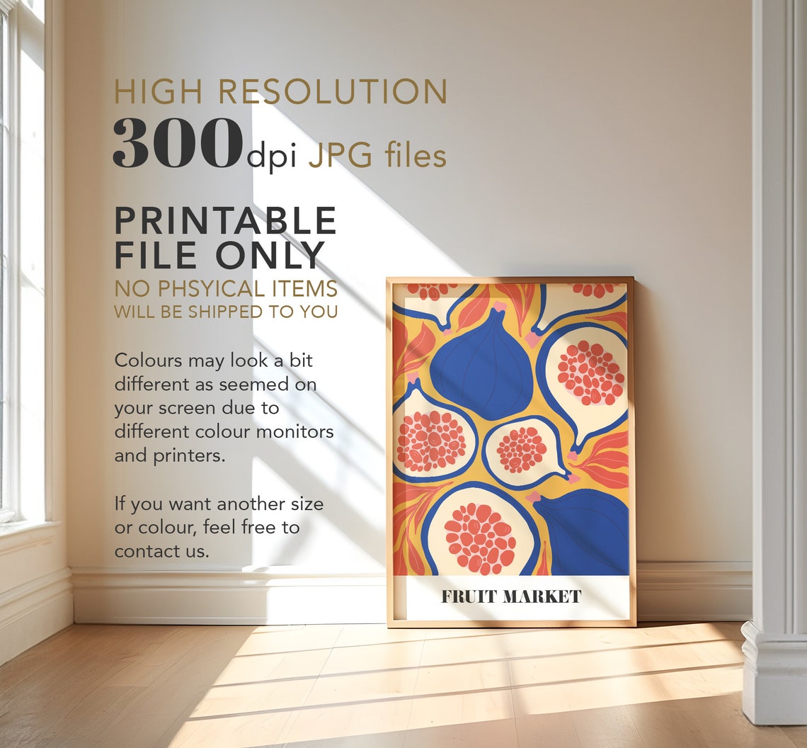 Fruit Market Bold Fig Pattern Blue Red Yellow Kitchen Wall Art - Image 4