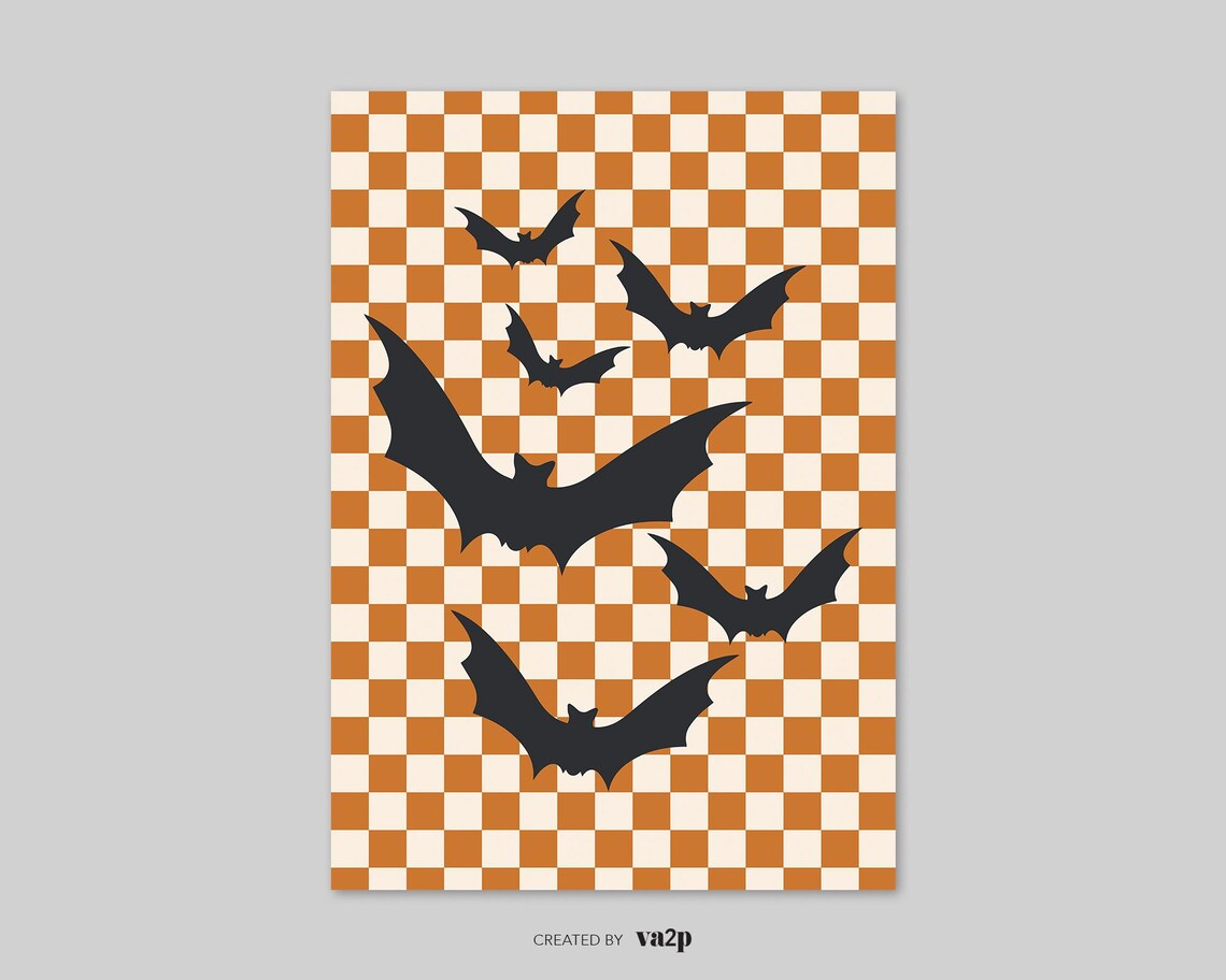 Halloween Bats Poster, Retro Checker Pattern Decor - Image 2