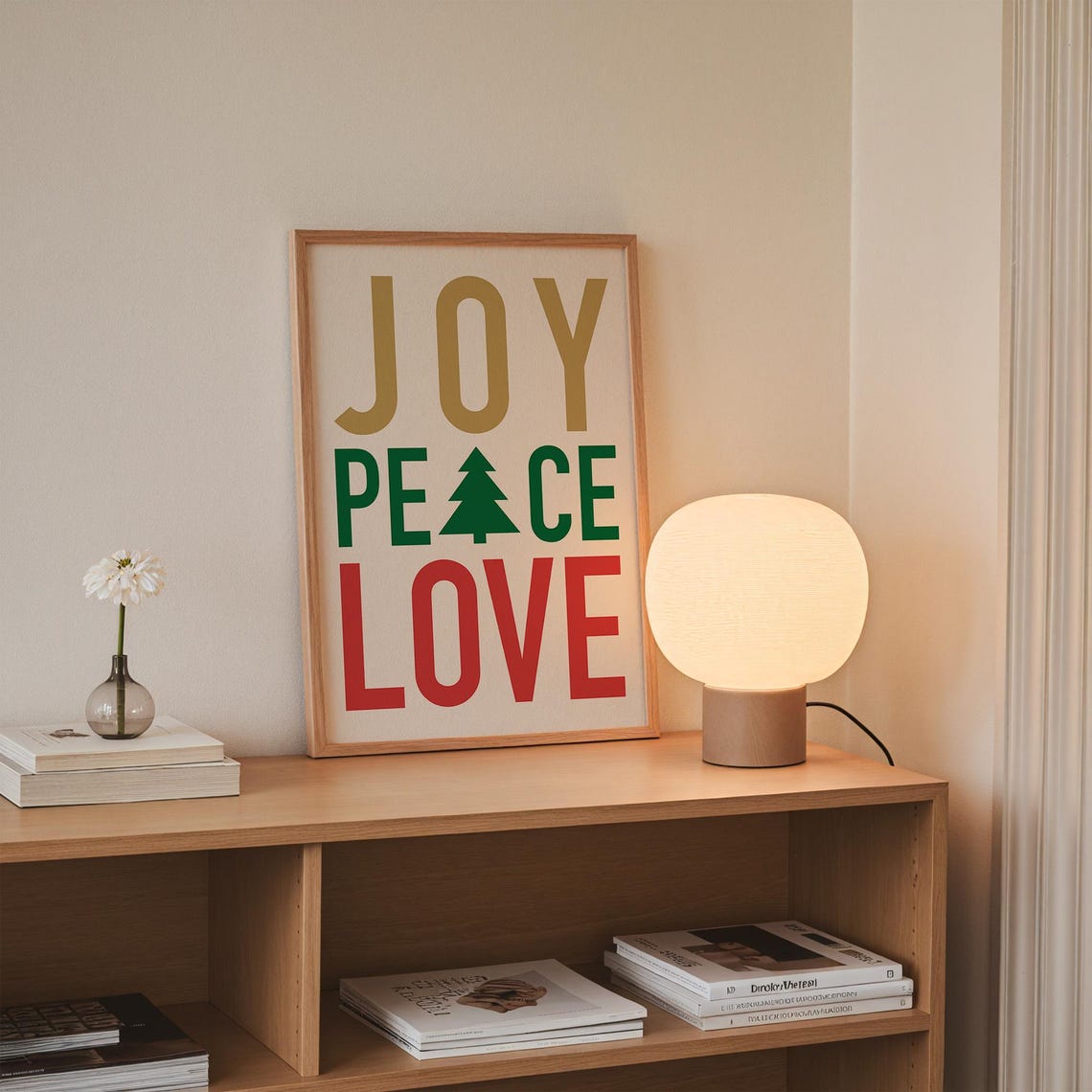 Joy Peace Love Christmas Tree Typography Gold Green Red Holiday Poster - Image 2