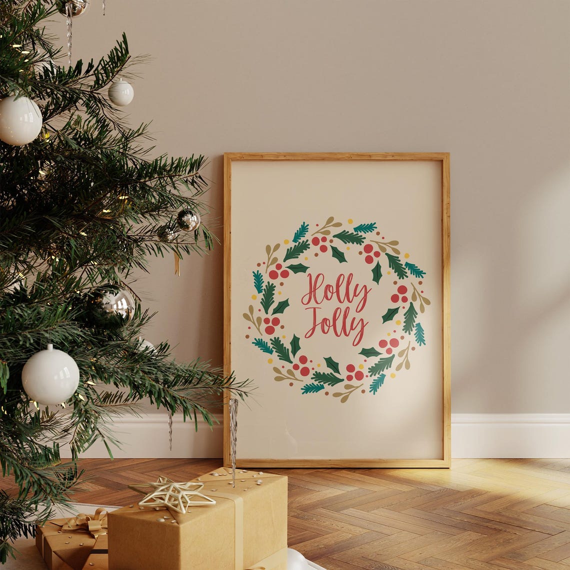 Holly Jolly Christmas Wreath Festive Holiday Cozy Winter Decor Poster - Image 4