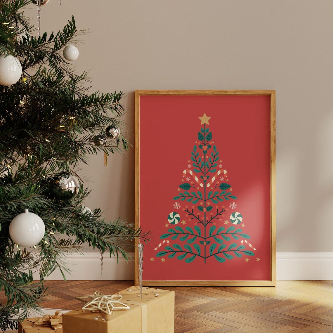 Scandinavian Folk Art Christmas Tree Red Background Holiday Poster - Image 3
