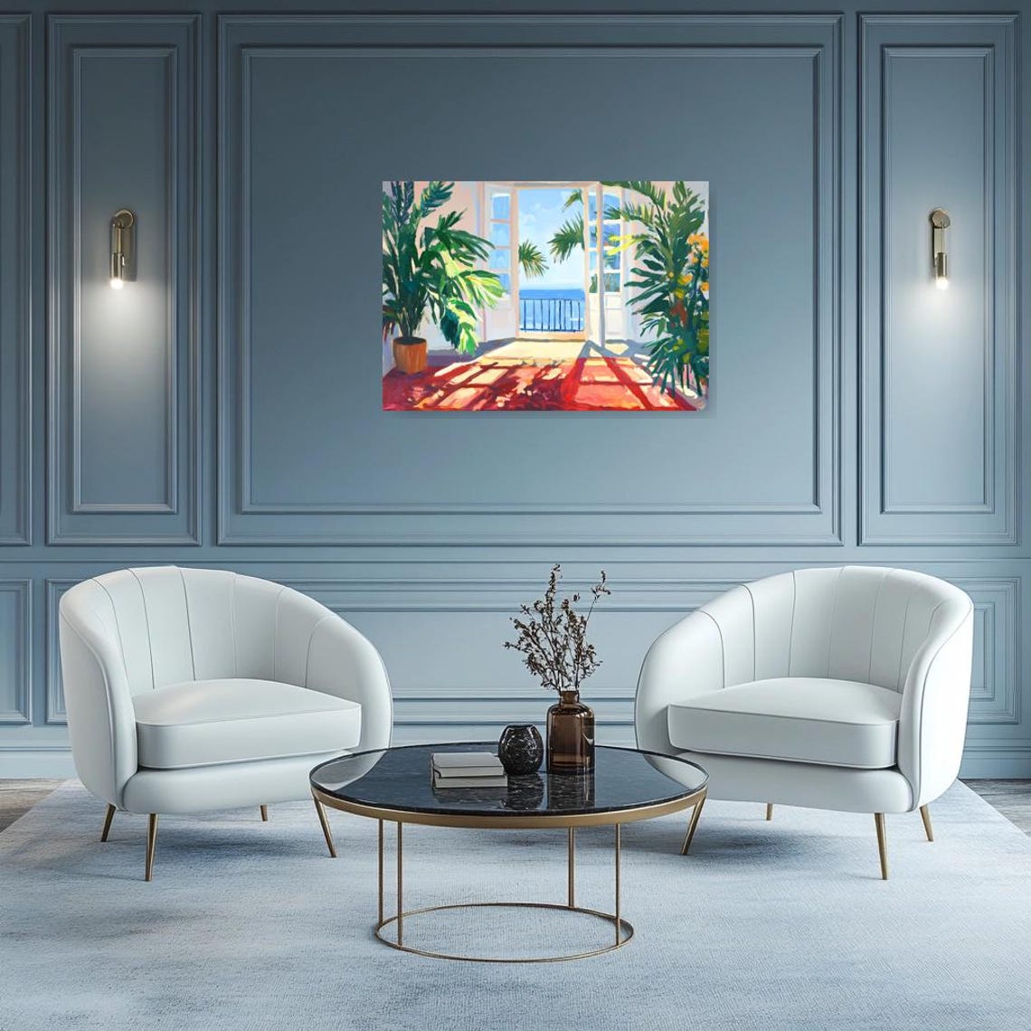 Tropical Coastal View Through Palms Impressionist Seaside Poster - Image 3