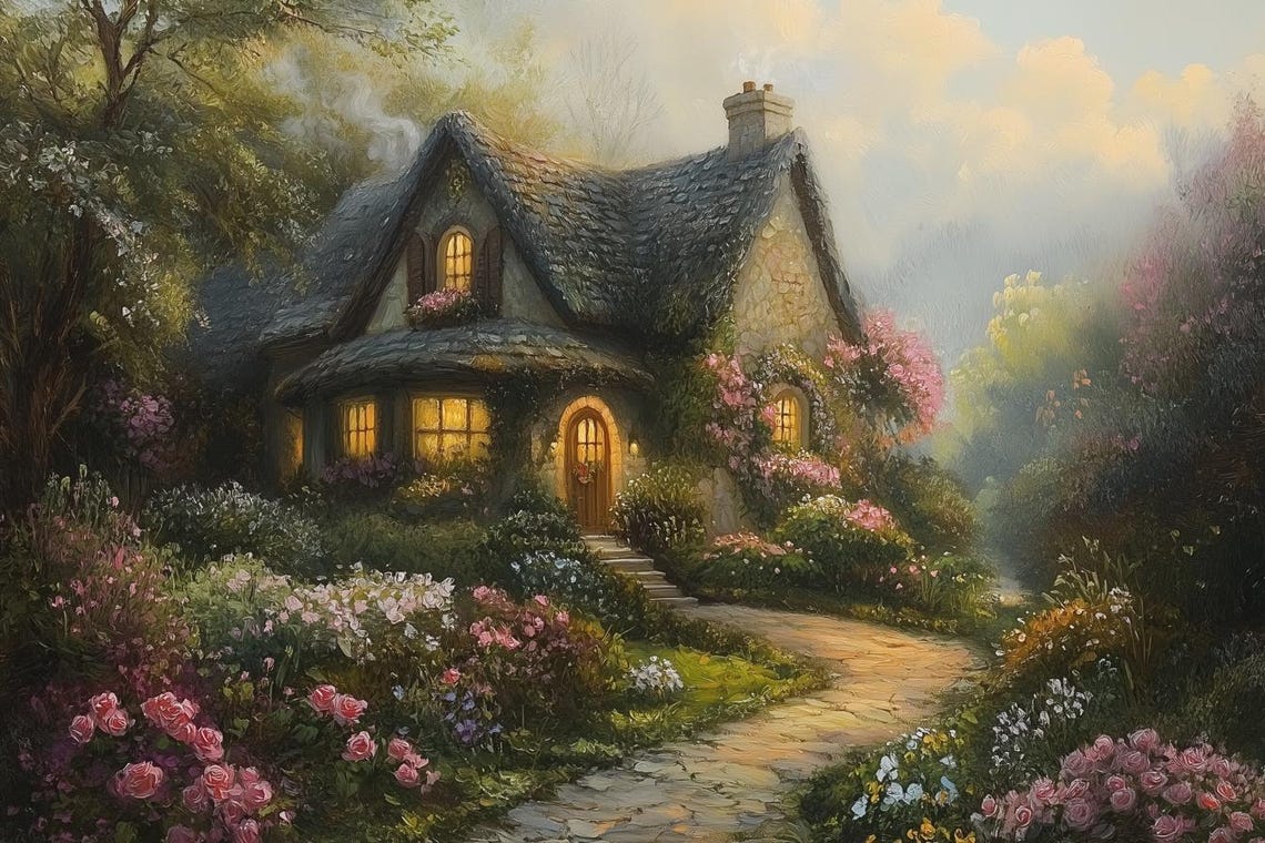 Charming Stone Cottage Garden Path in Soft Morning Light Poster