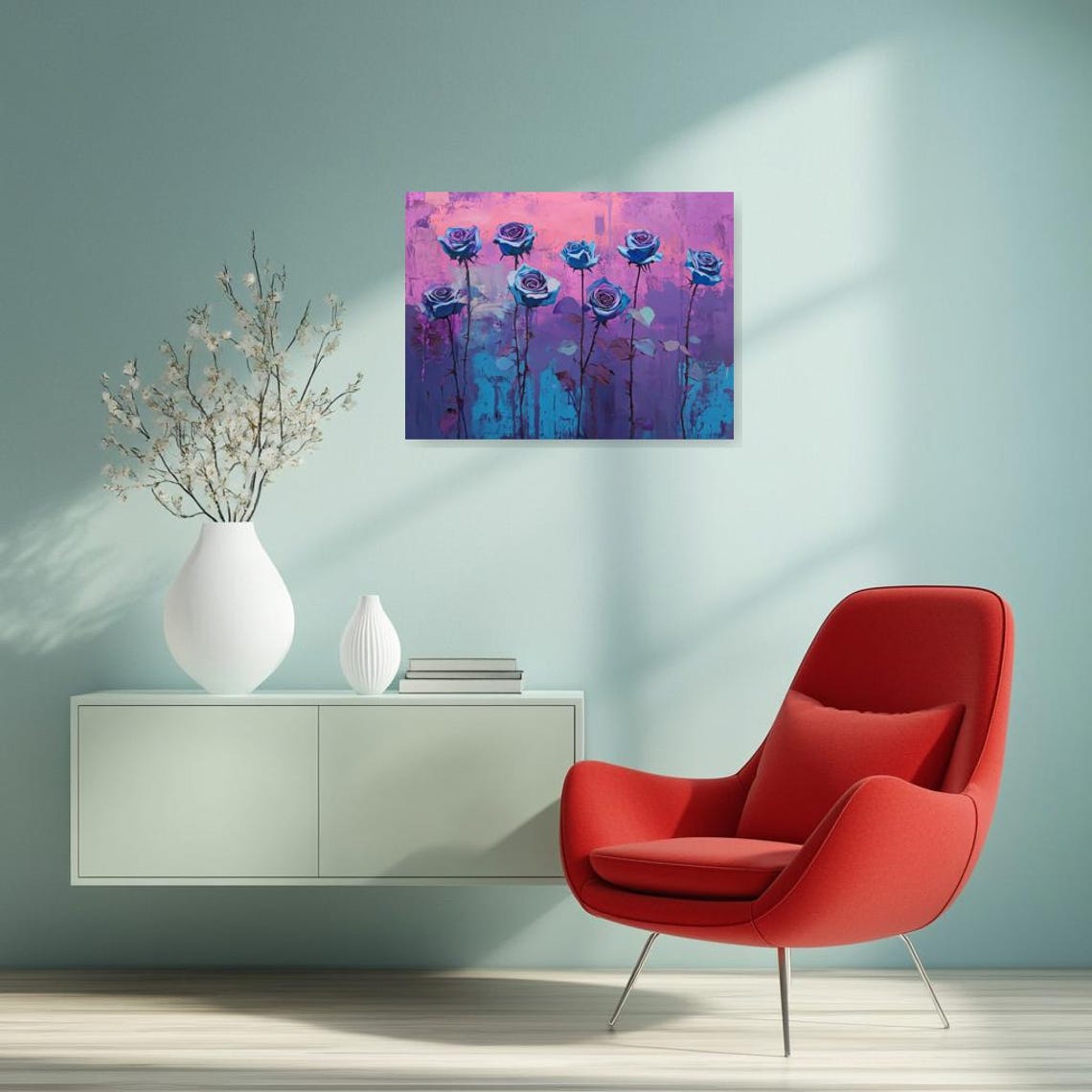 Blue Roses On Pink Gradient Background Floral Art Wall Poster - Image 2