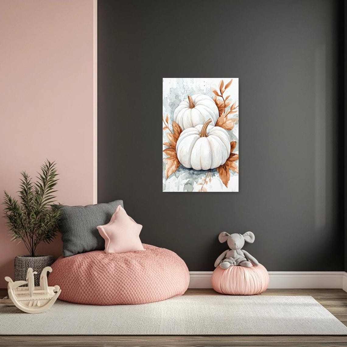 Two White Pumpkins Watercolor Fall Still Life Home Wall Poster - Image 2