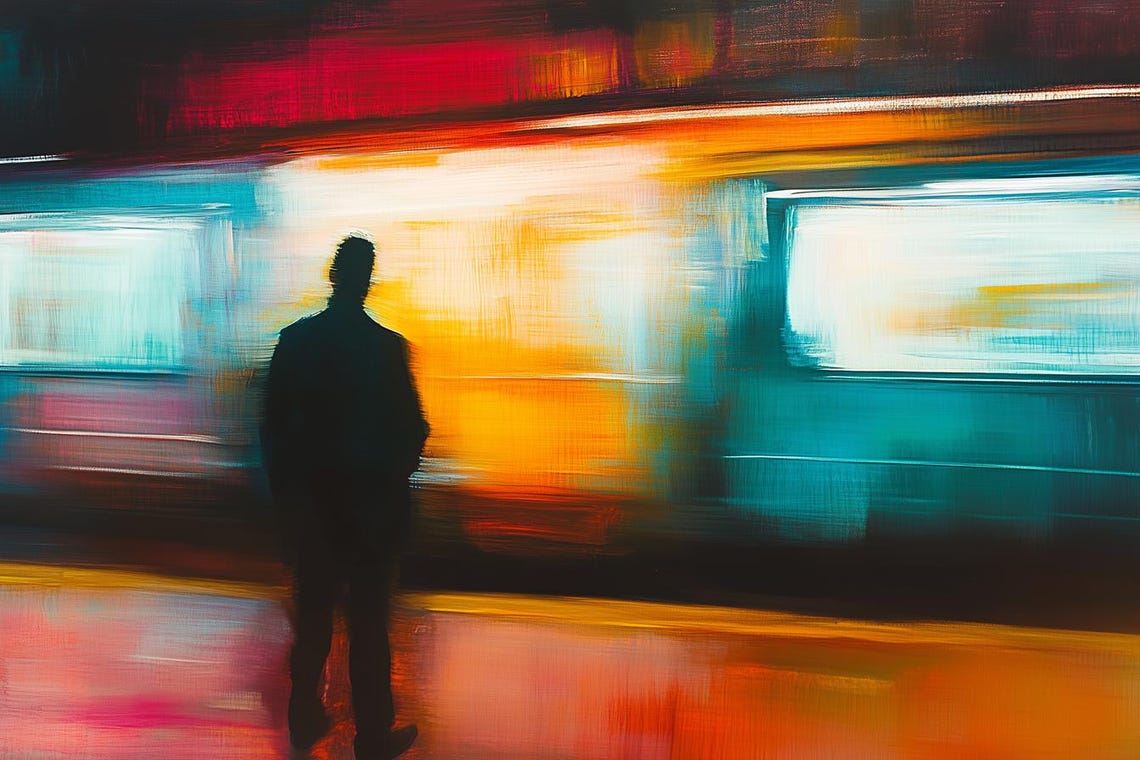 Silhouette Waiting On Subway Platform Neon Motion Blur Art Poster