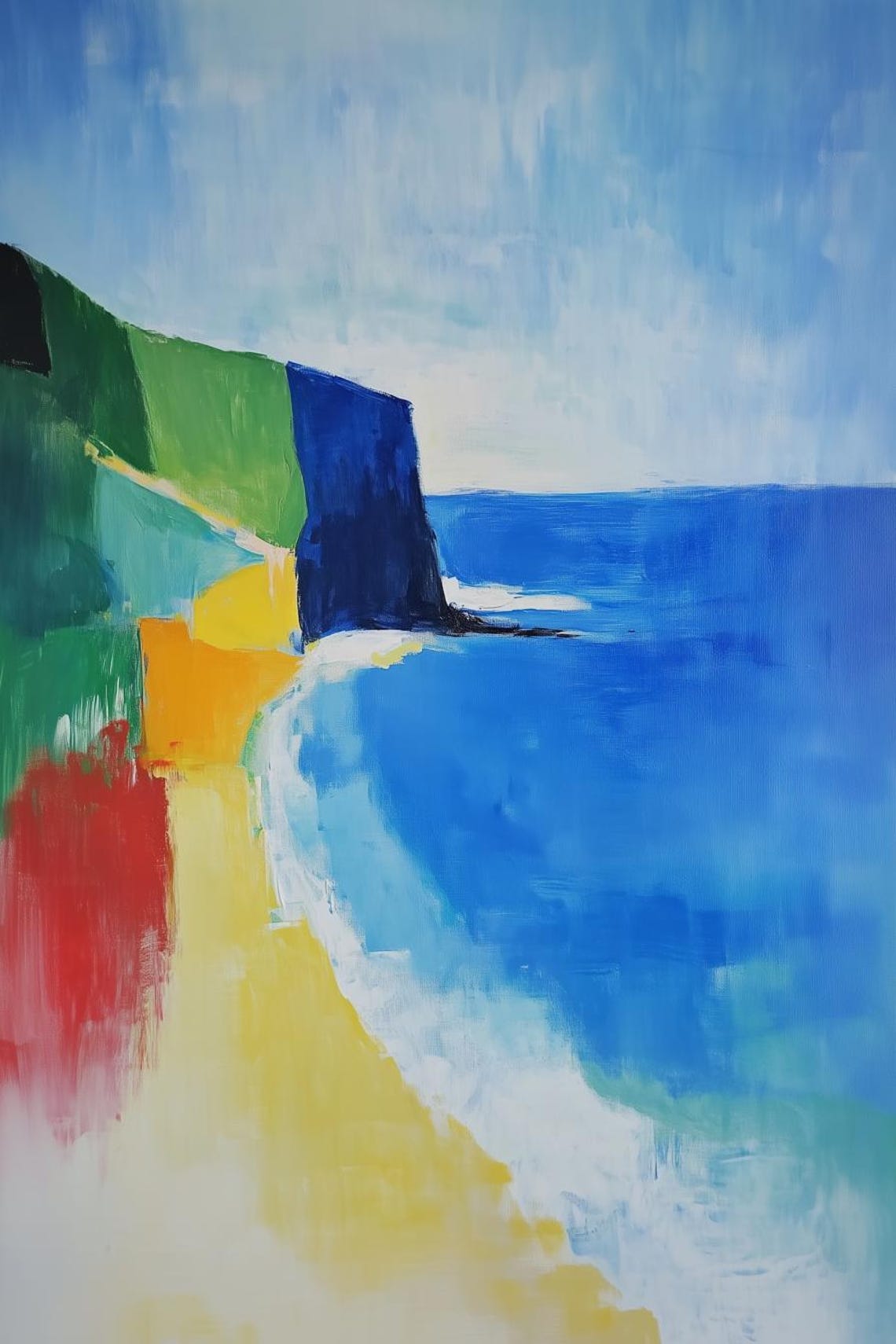 Abstract Blue Cliffs and Yellow Beach Coastal Landscape Poster