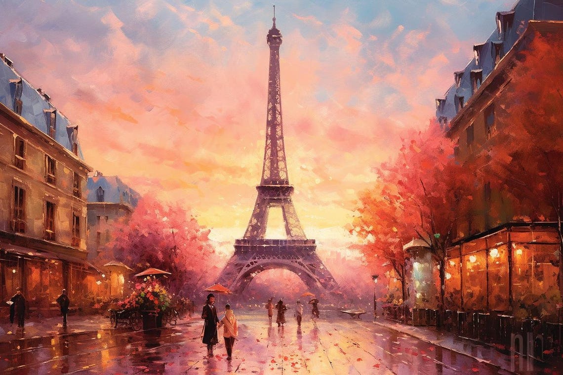 Eiffel Tower Autumn Sunset Paris Street Scene Rainy Evening Poster