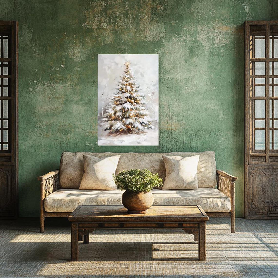 White And Gold Christmas Tree Snowy Elegant Holiday Art Poster - Image 2