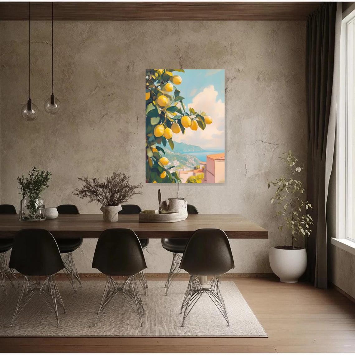 Lemon Tree Branch Painting Overlooking Amalfi Coast Village Poster - Image 2