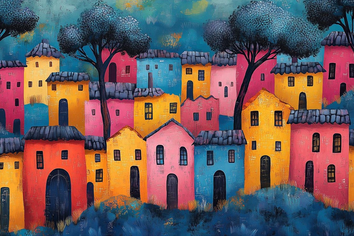 Colorful Village Print In The Style Of Matisse Vibrant Home Decor Wall Art