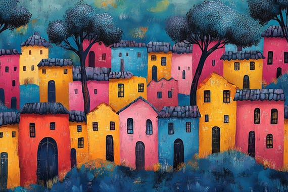Colorful Village Print In The Style Of Matisse Vibrant Home Decor Wall Art