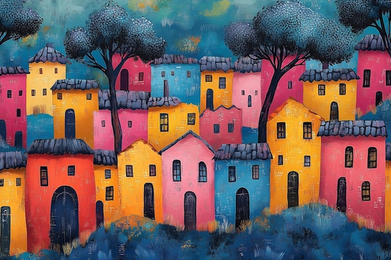 Whimsical Candy-Colored Village Houses Clustered on a Hill Poster