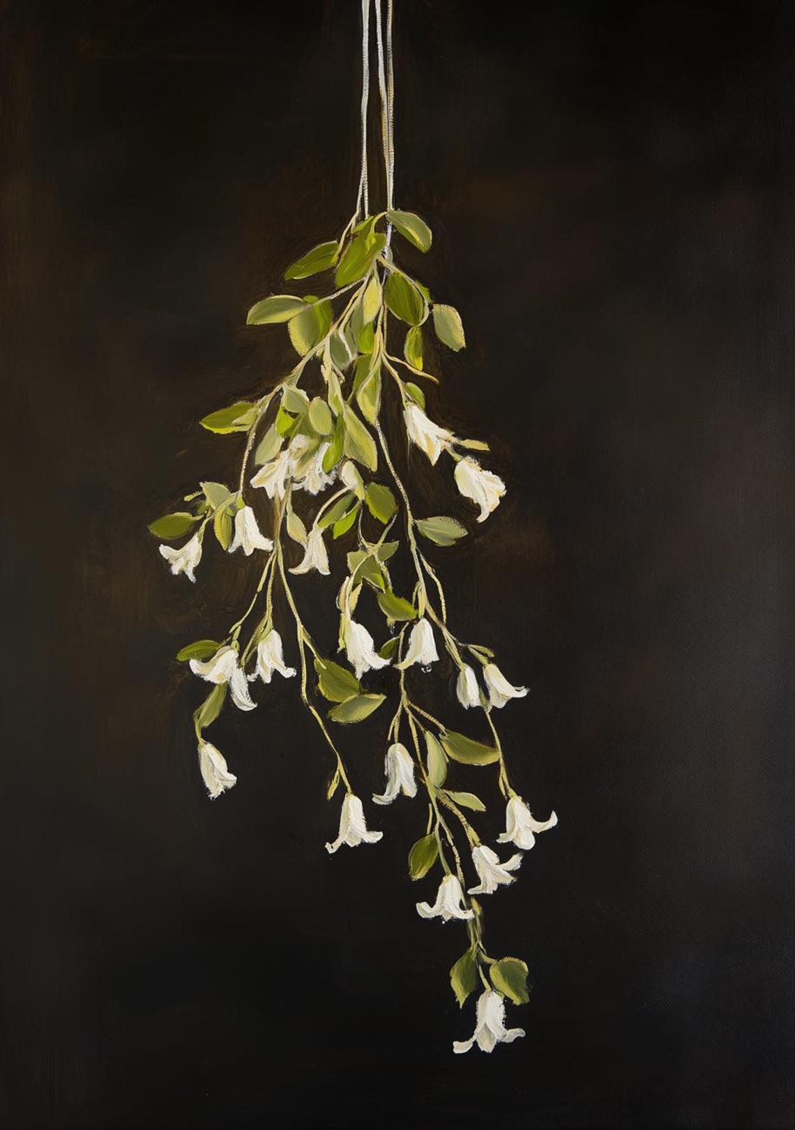 White Bellflower Branch Hanging on Dark Background Painting Poster