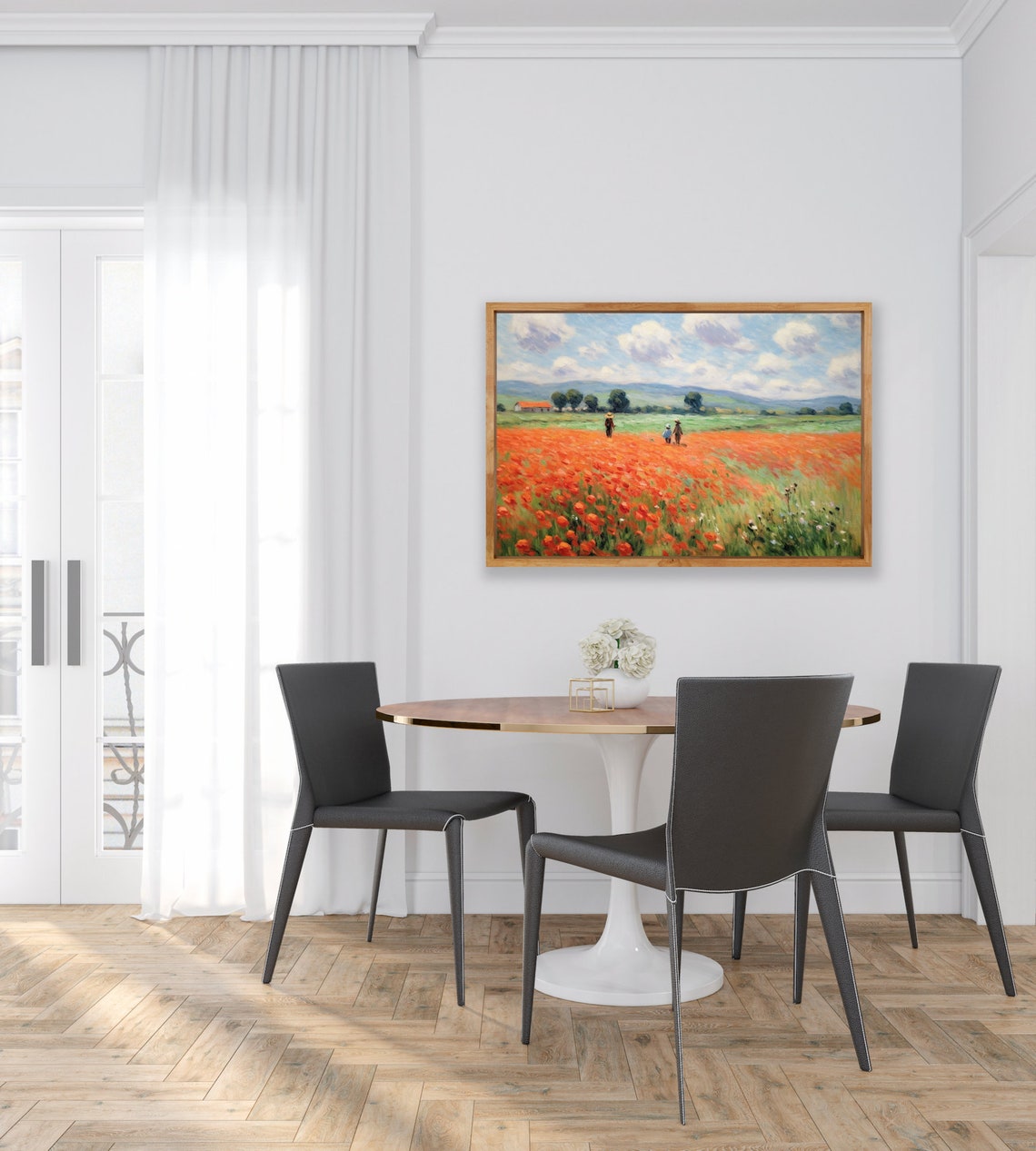 Red Poppy Field Walkers Blue Sky Impressionist Meadow Poster - Image 2