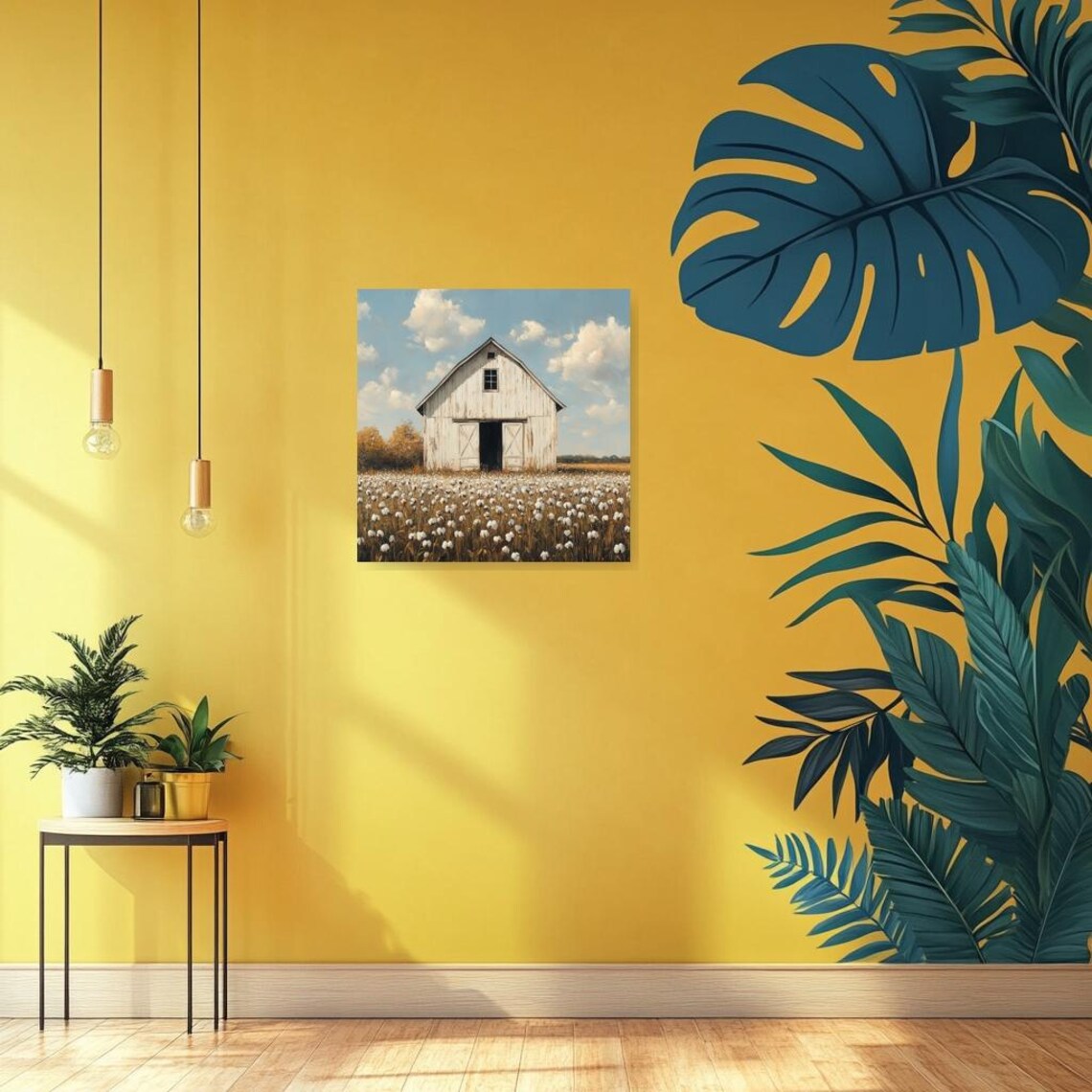 Rustic Cotton Field Art Print, Impressionist Barn Landscape - Image 3