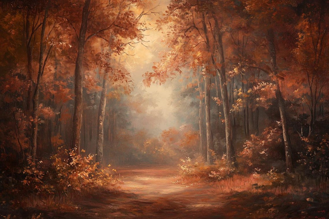 Misty Autumn Forest Path Glowing Fall Foliage Oil Painting Poster