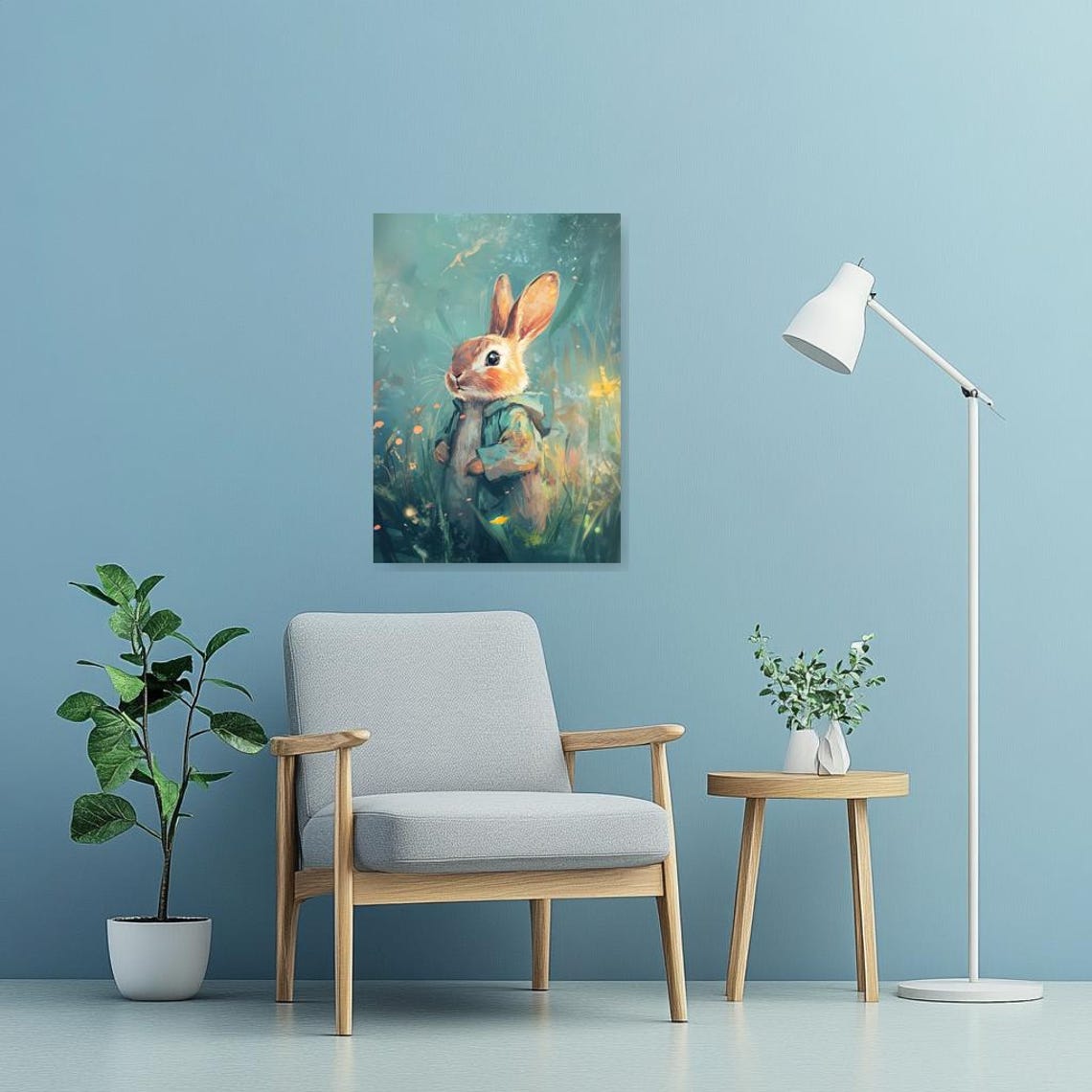 Whimsical Bunny in a Blue Jacket in a Dreamy Teal Meadow Poster - Image 3