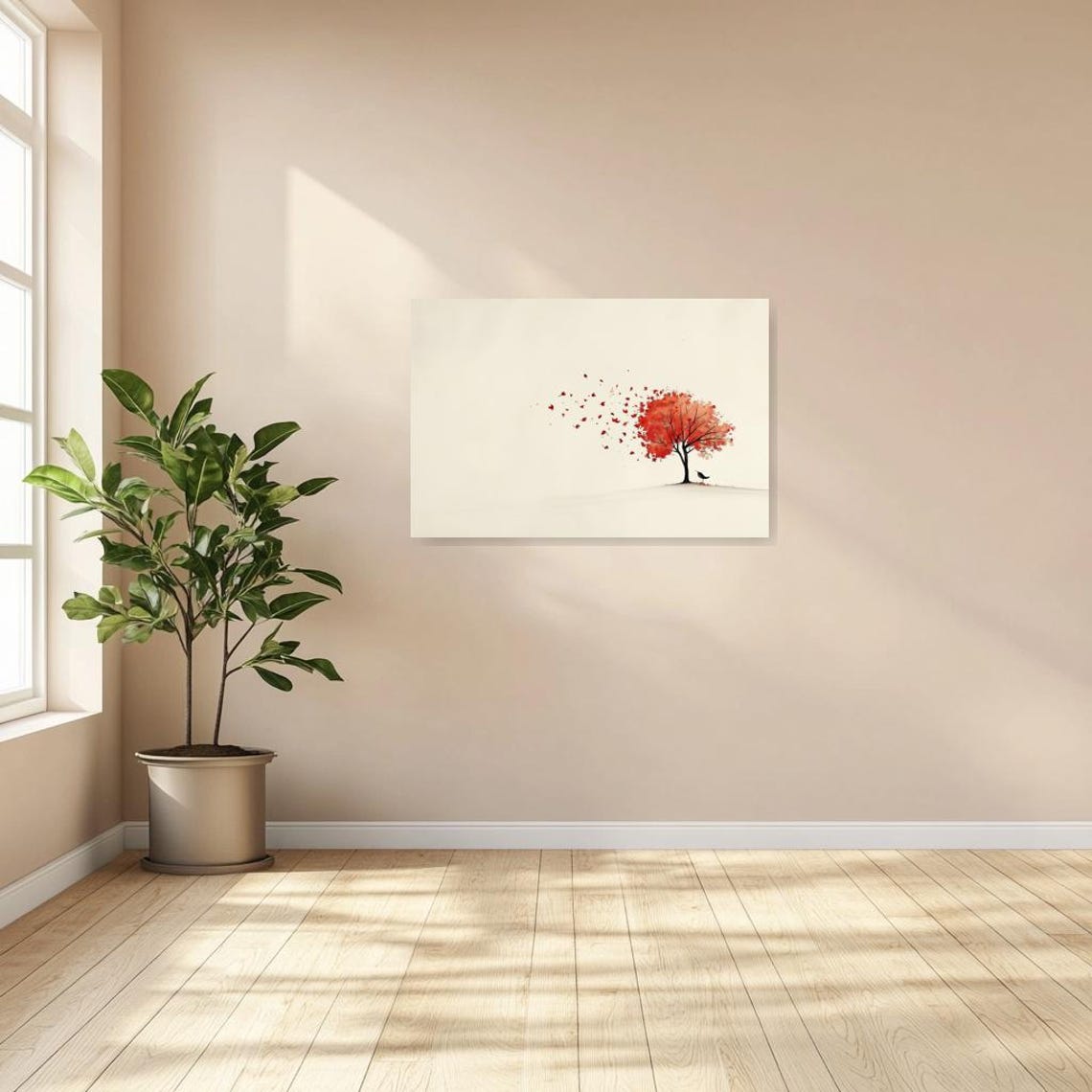 Red Autumn Tree With Falling Leaves Minimalist Watercolor Art Print - Image 3