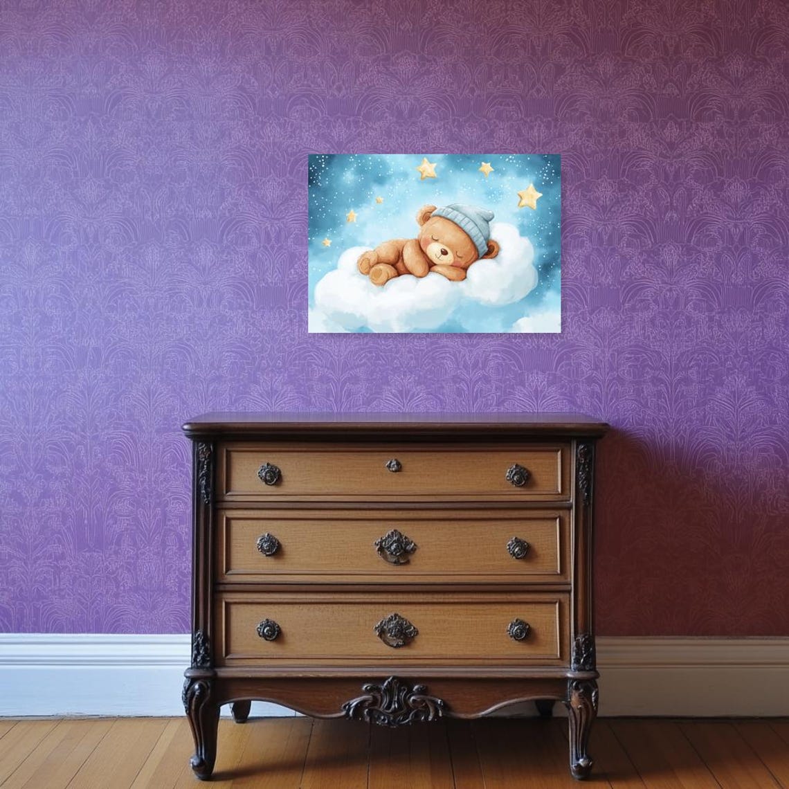 Sleeping Teddy Bear Cloud Stars Nursery Sweet Baby Art Poster - Image 2