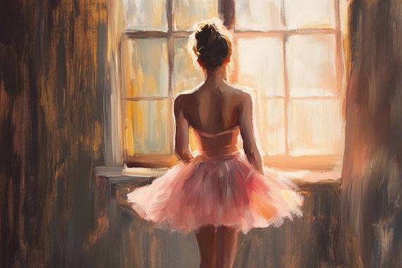 Ballerina in Pink Tutu Sitting by Sunlit Window Impressionist Art Poster