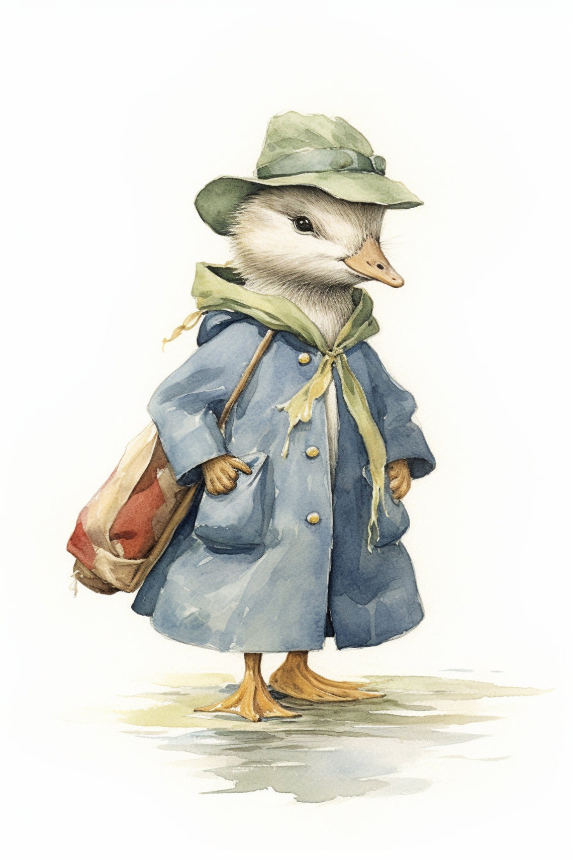Cute Duckling Traveler In Coat Watercolor Nursery Wall Poster