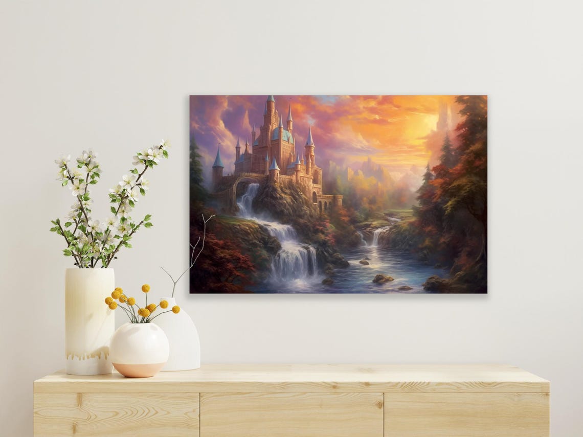 Fantasy Thomas Kinkade Fairytale Castle Print With Majestic Waterfall Custom Art Home Decor Dreamy Landscape - Image 2