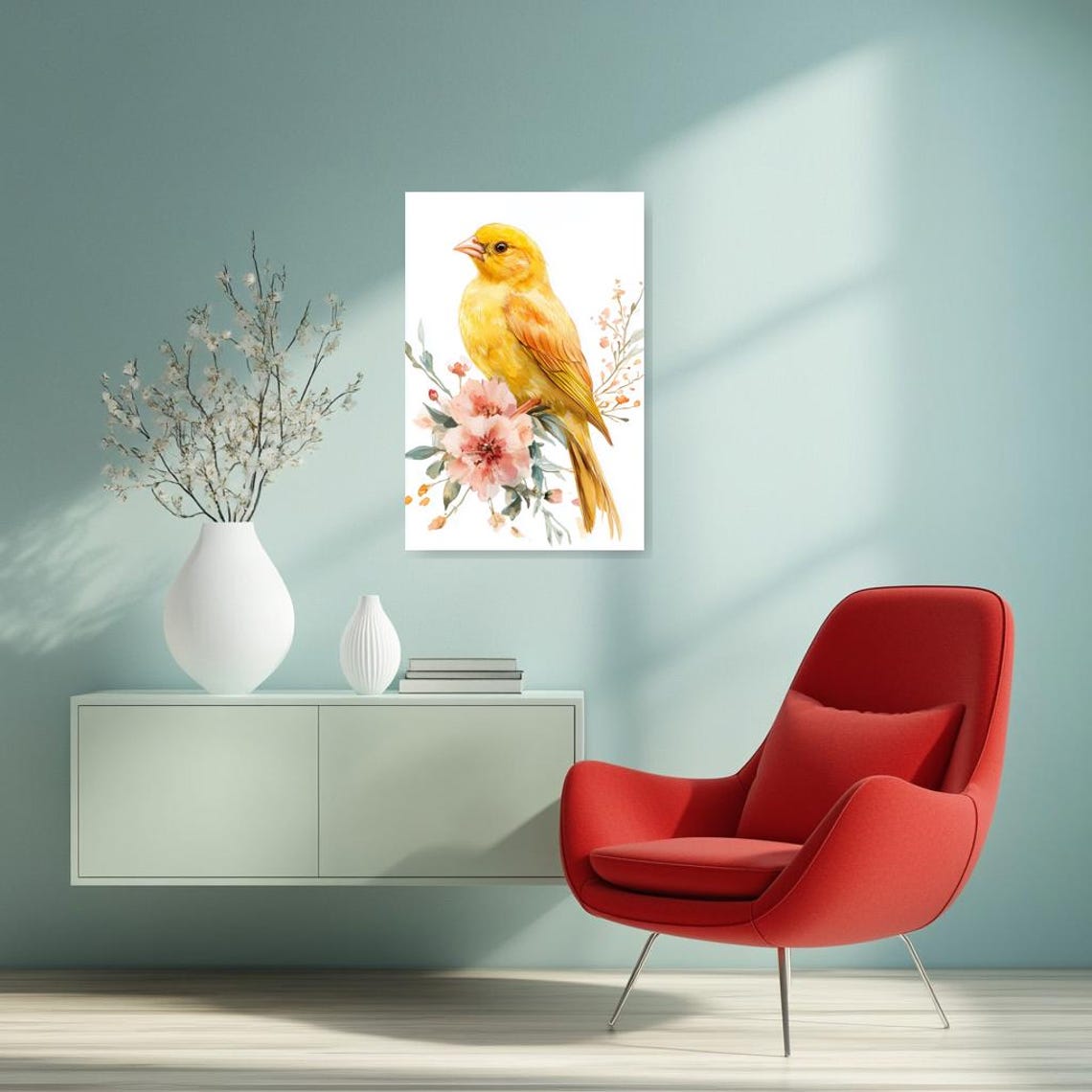 Sunny Yellow Canary Pink Blossoms Watercolor Bird Art Poster - Image 2