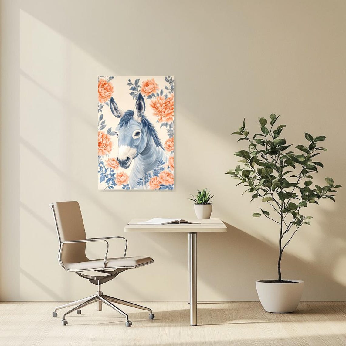 Blue Equine Portrait Surrounded by Lush Peach Peonies Poster - Image 3