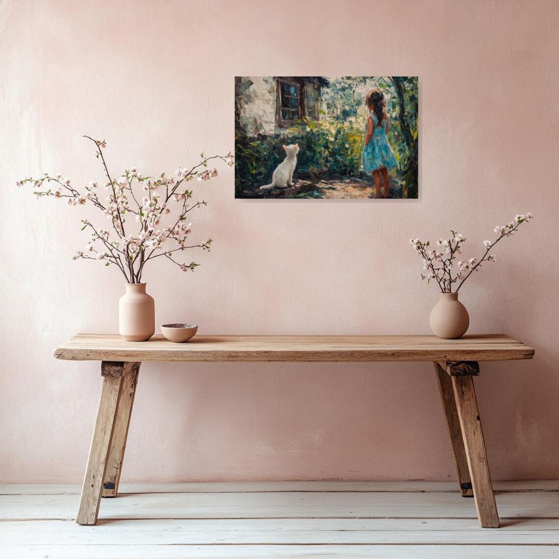Young Girl in a Blue Dress With Her White Cat in a Garden Poster - Image 2