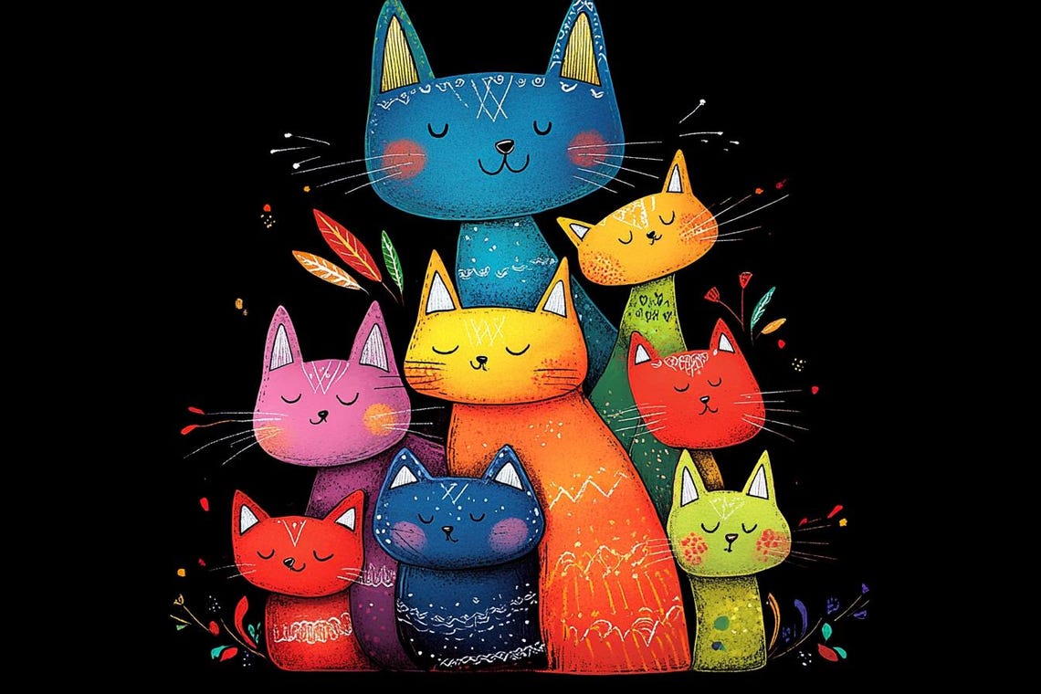 Folk Art Colorful Cats Group Whimsical Bright Cats Family Art Poster