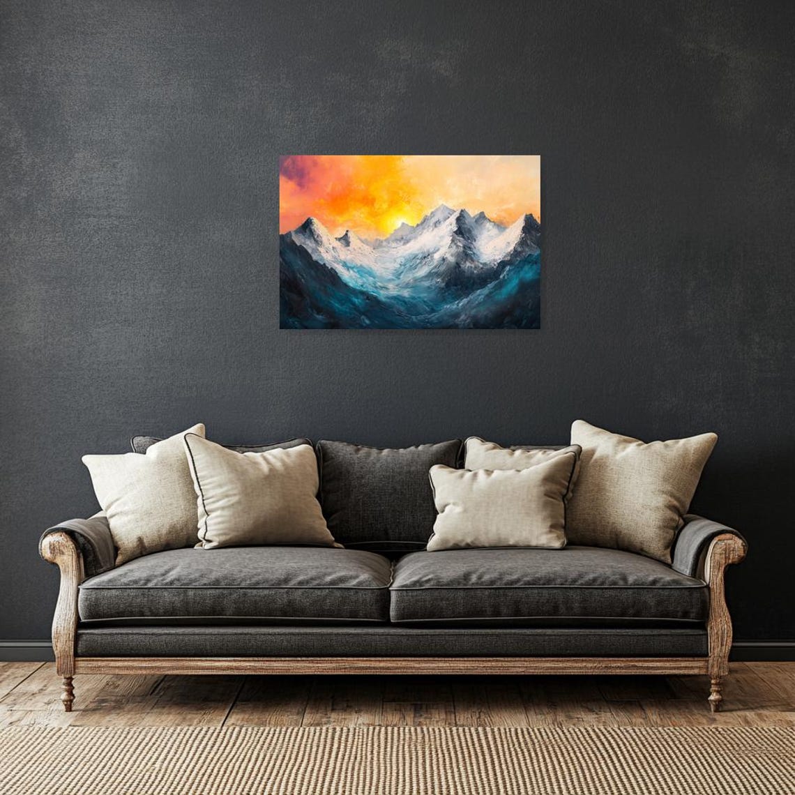 Snowy Mountain Peaks Under Blazing Orange Sunset Impasto Art Poster - Image 2