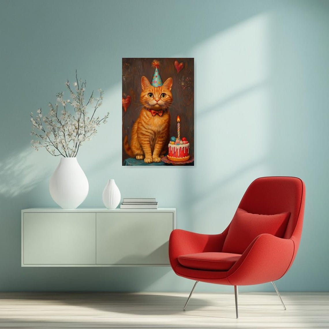 Orange Tabby Cat in Birthday Party Hat Celebration Scene Poster - Image 2