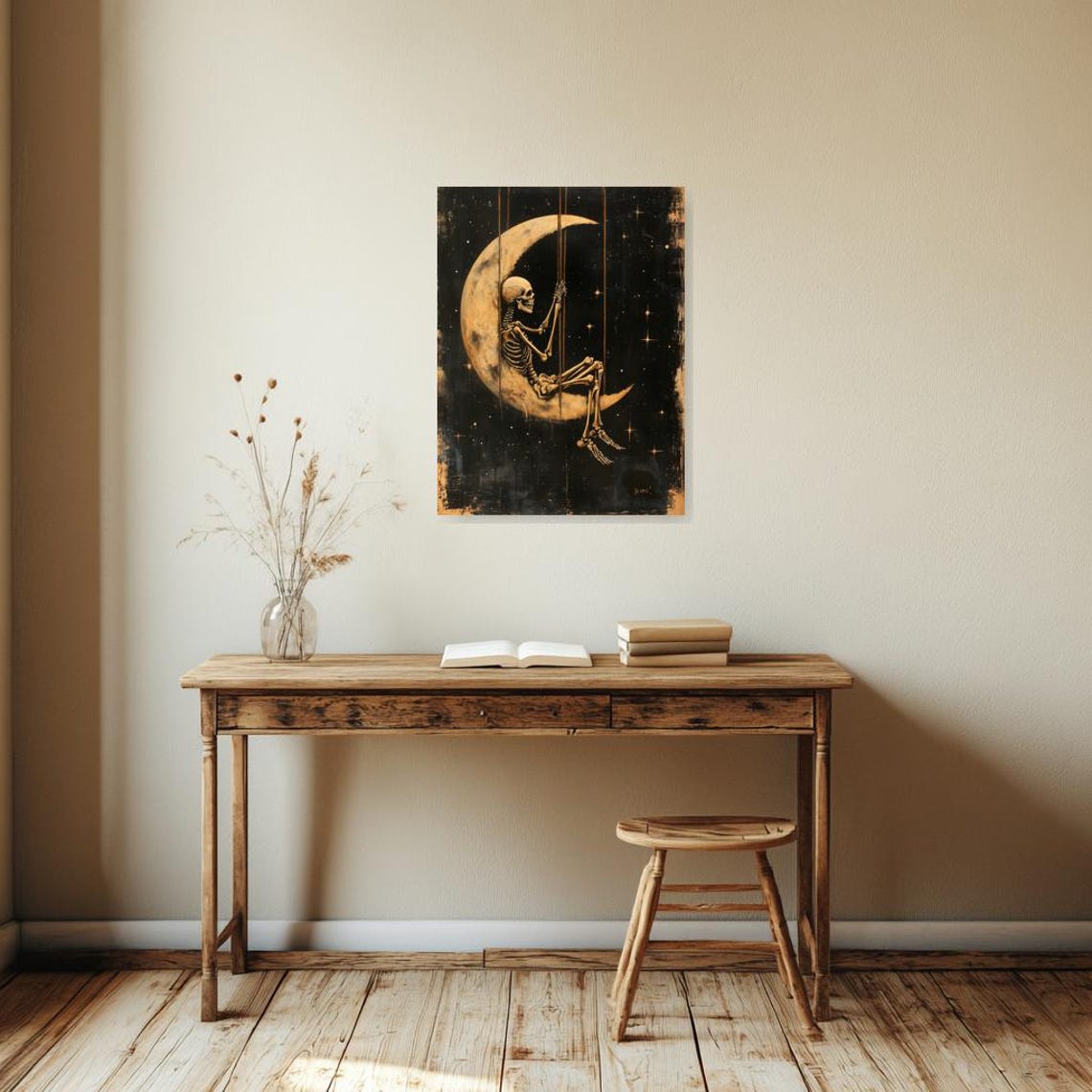 Whimsical Golden Skeleton Lounging on a Glowing Crescent Moon Poster - Image 2