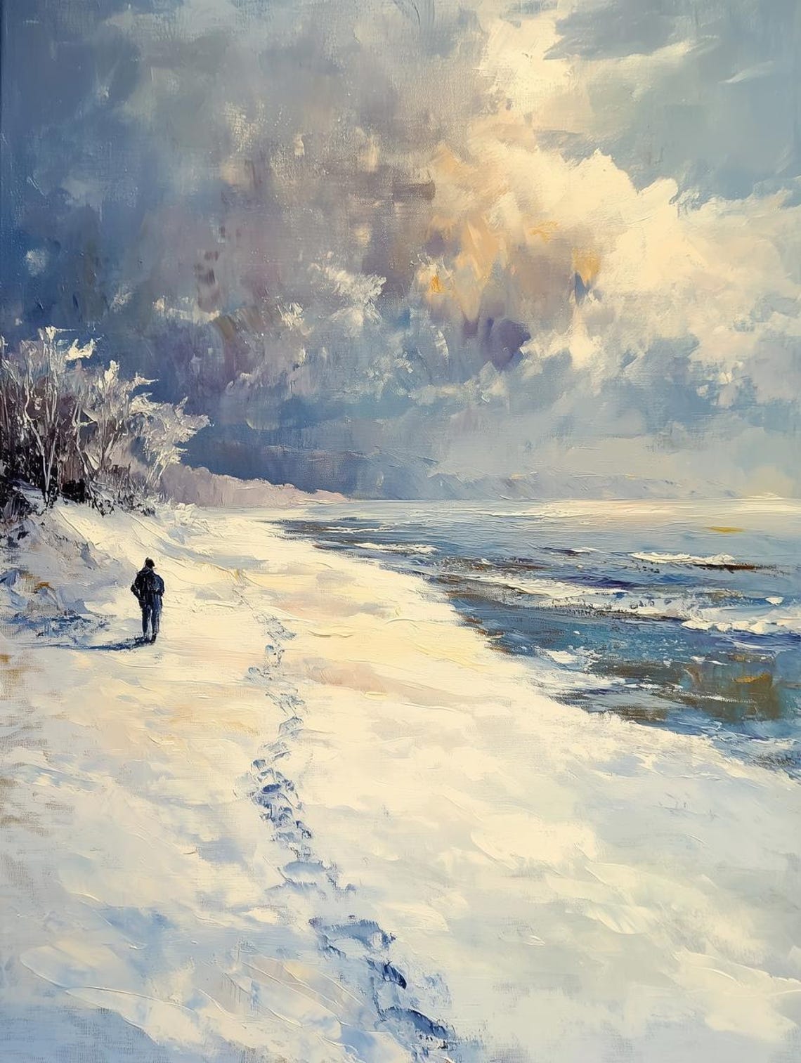 Lone Walker on a Snowy Winter Beach Impressionist Coastal Poster