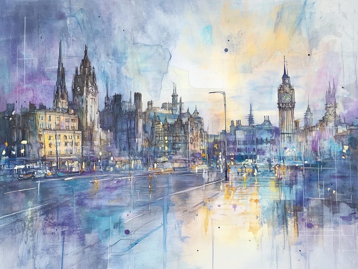 Rainy London Watercolor Cityscape with Big Ben Clock Tower Poster