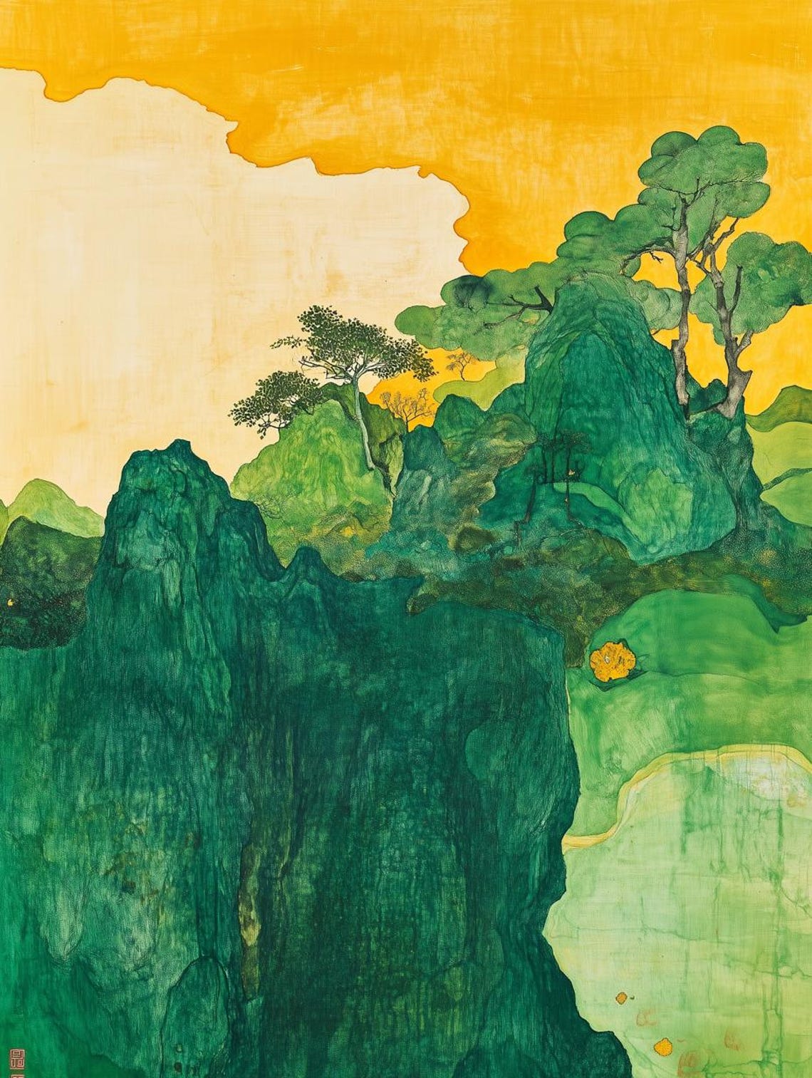Emerald Mountain Peaks Beneath a Golden Sky Asian Landscape Poster