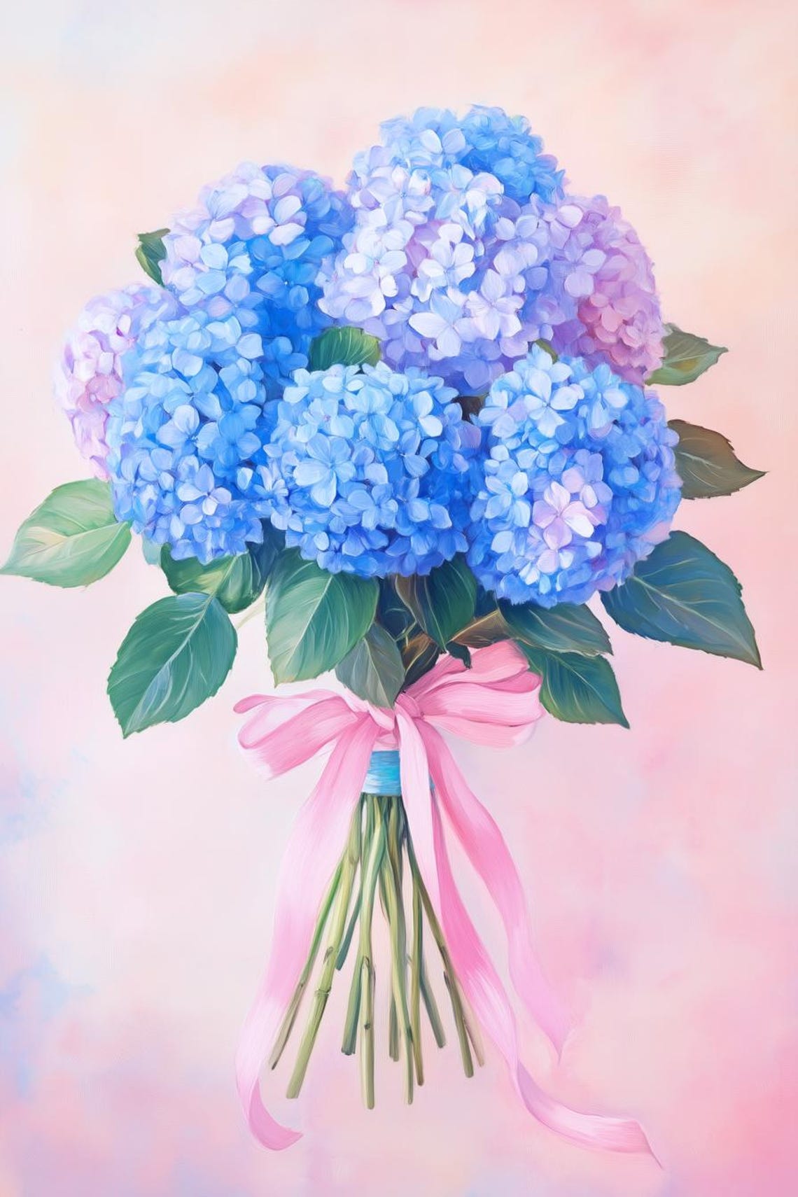 Blue Hydrangea Bouquet Tied With a Flowing Pink Satin Ribbon Poster