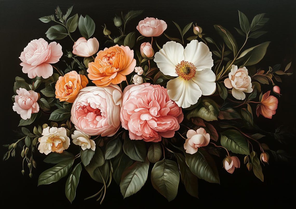 Lush Peonies Anemones Dark Floral Still Life Elegant Art Poster