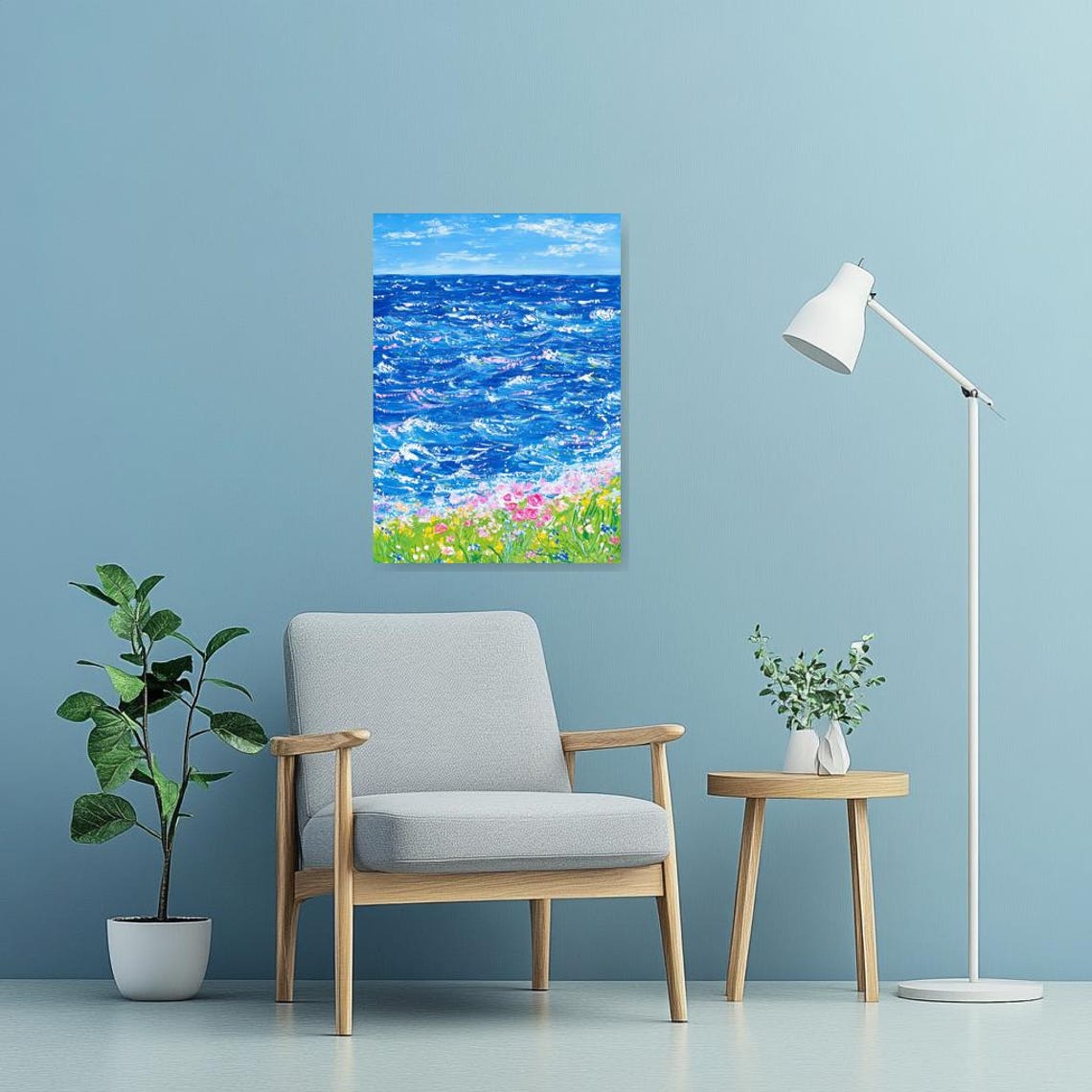 Bright Blue Ocean Waves Meeting a Colorful Wildflower Meadow Poster - Image 2