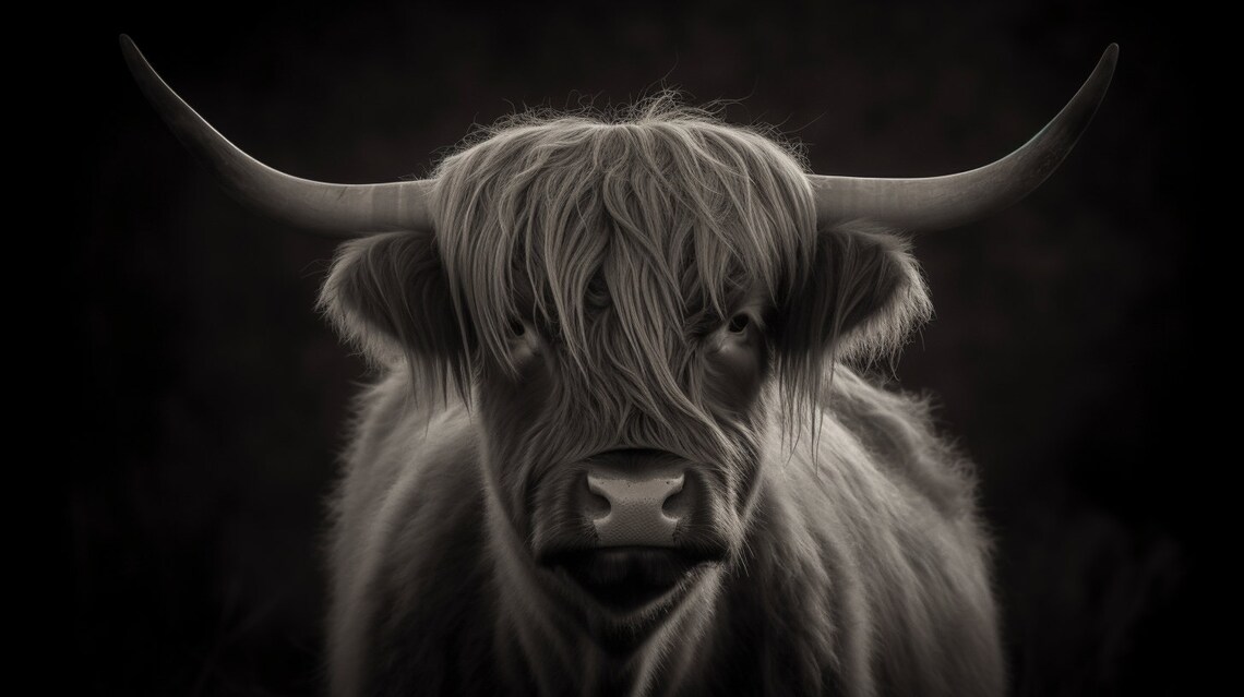 Black and White Highland Cow Portrait Moody Farm Animal Poster