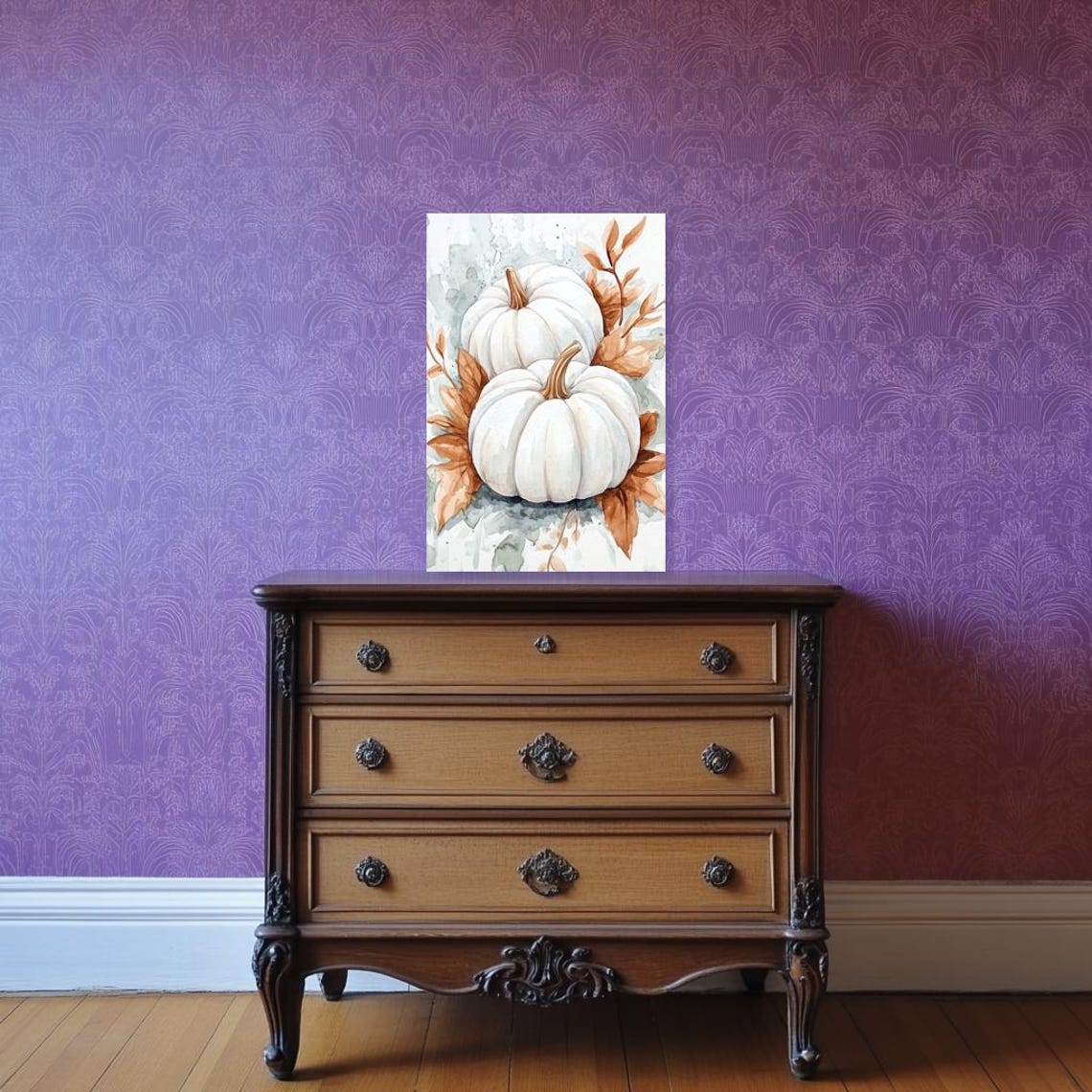 Two White Pumpkins Watercolor Fall Still Life Home Wall Poster - Image 3