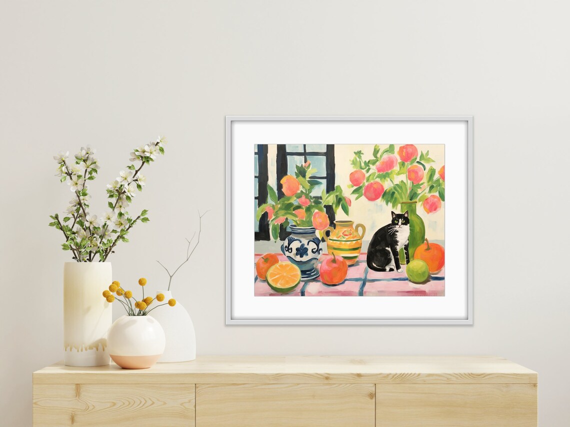 Matisse Style Still Life Cat Pink Blossoms Vases Citrus Fruit Wall Poster - Image 2