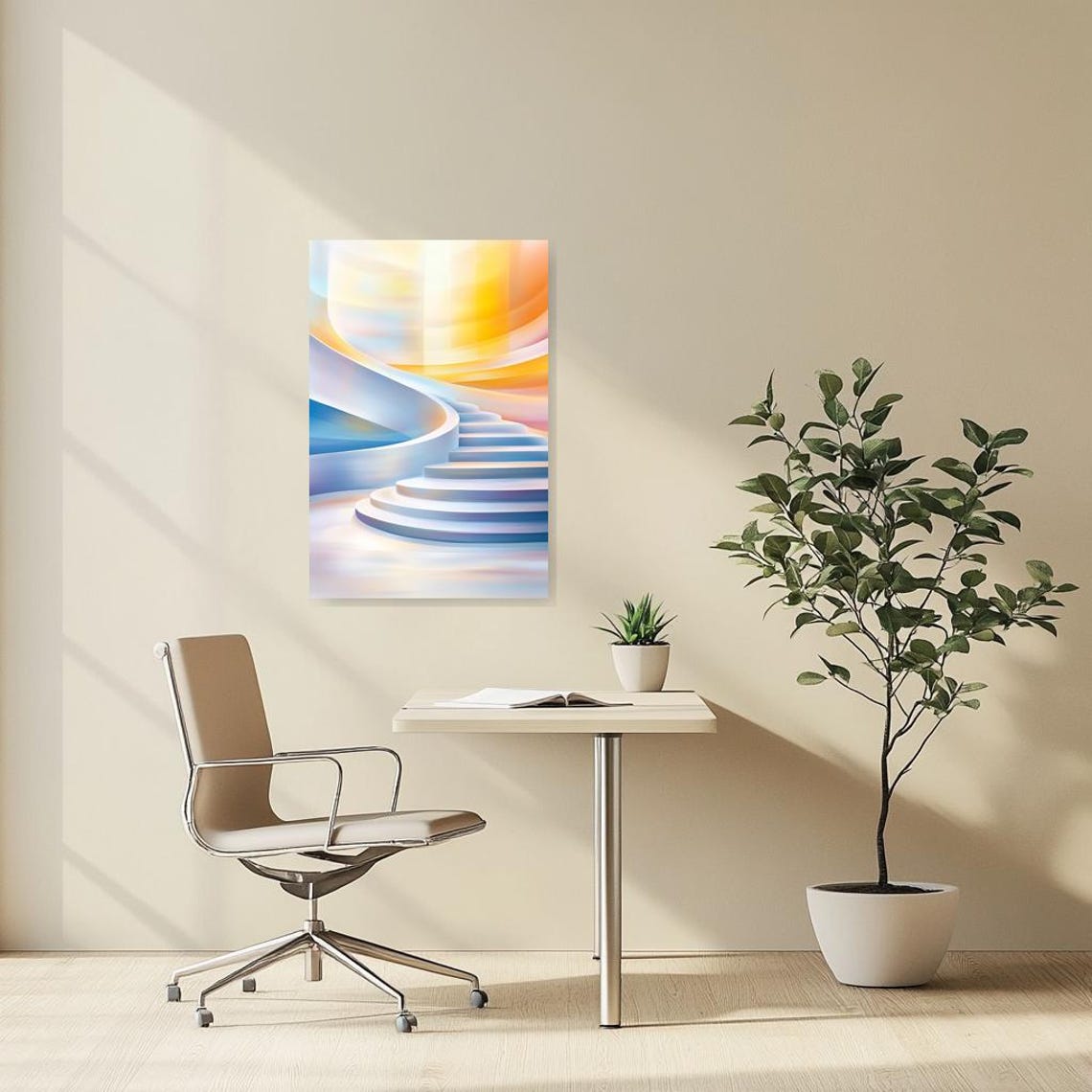 Abstract Stairs Artwork Print Inspired By Monet In Soft Blues And Warm Hues For Home Decor - Image 2